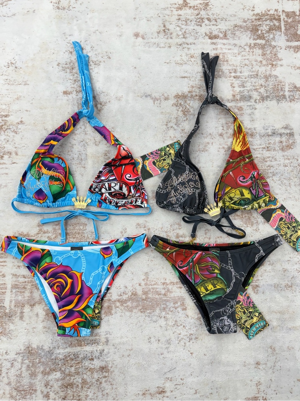 Deadstock bundles 2 sets Vintage Christian Audigier Ed Hardy Graphic Bikini S